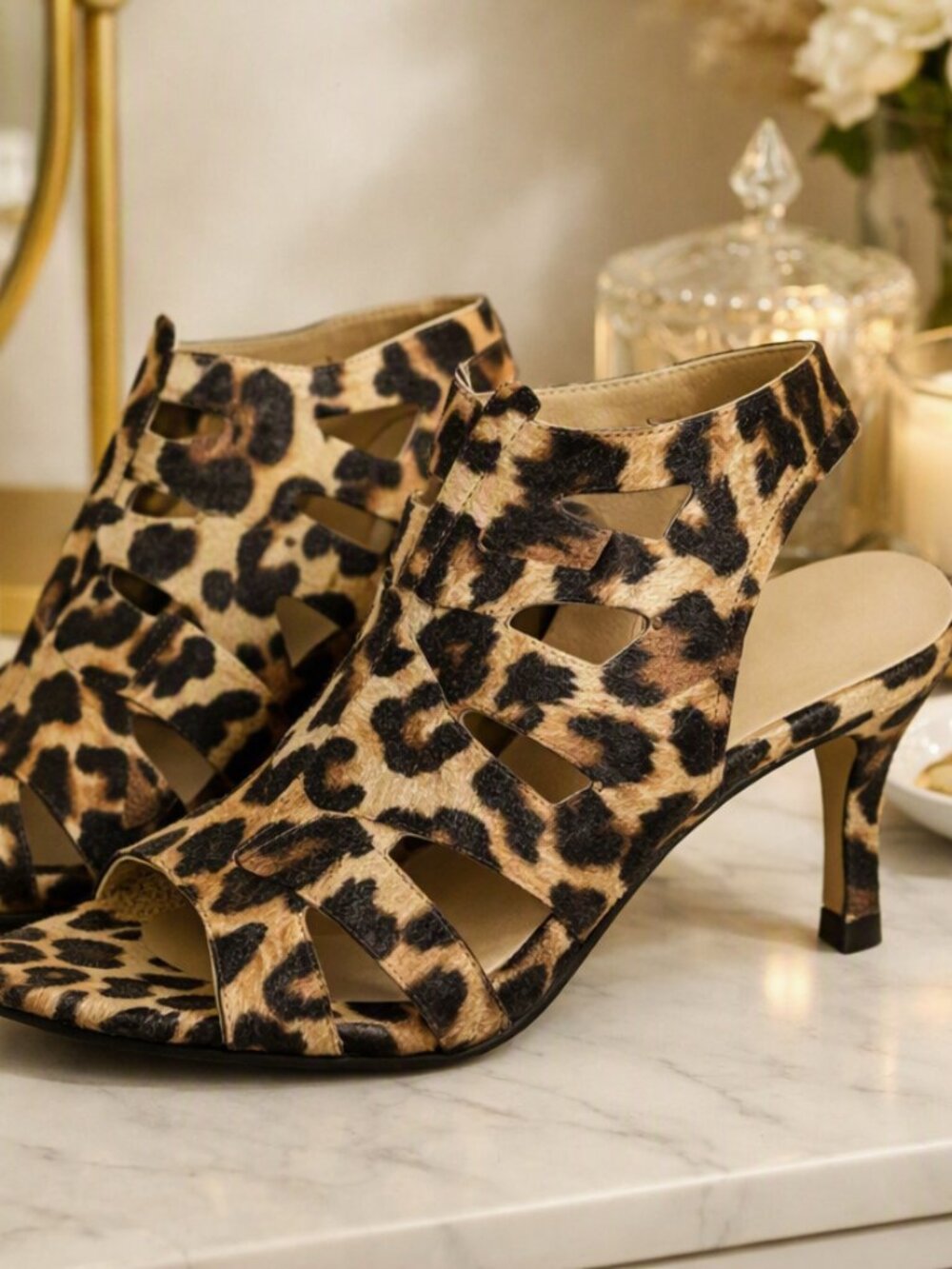 Leopard Print Cage Heels Open Toe Slingback Sandals